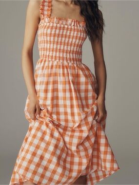 Sleeveless Orange Gingham Smocked Midi Dress